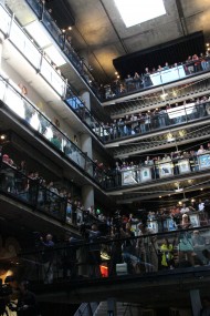 Employees at Zynga's headquarters gather around the atrium at its 2012 Unleashed event.